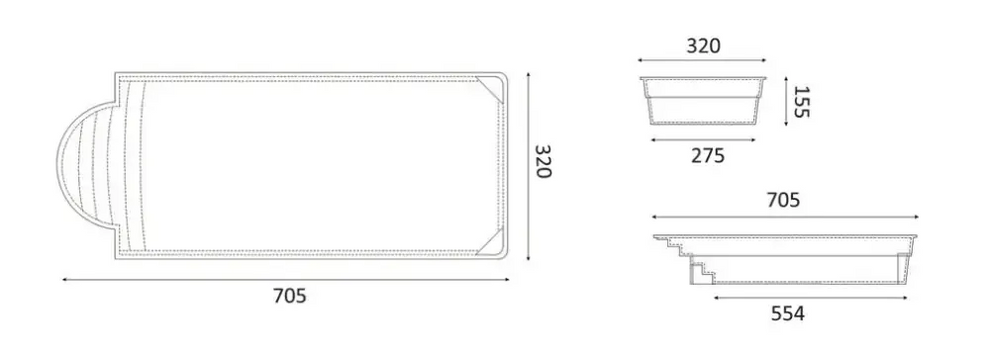 Glasfiberpool Aves med avrundad trappa och rektangulärt badkar i klassisk design