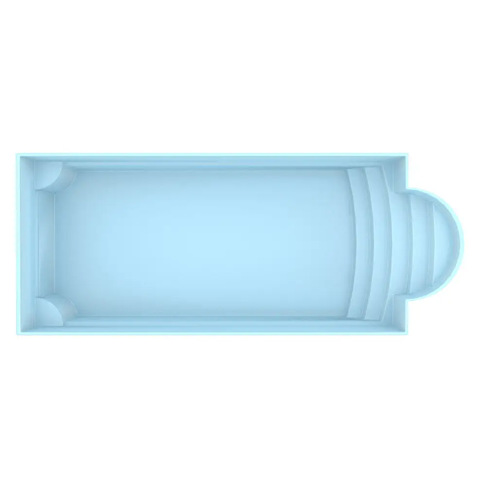 Ljusblå rektangulär glasfiberpool Aves 800 med romersk trappa och pooltak