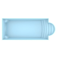 Ljusblå rektangulär glasfiberpool Aves 800 med romersk trappa och pooltak