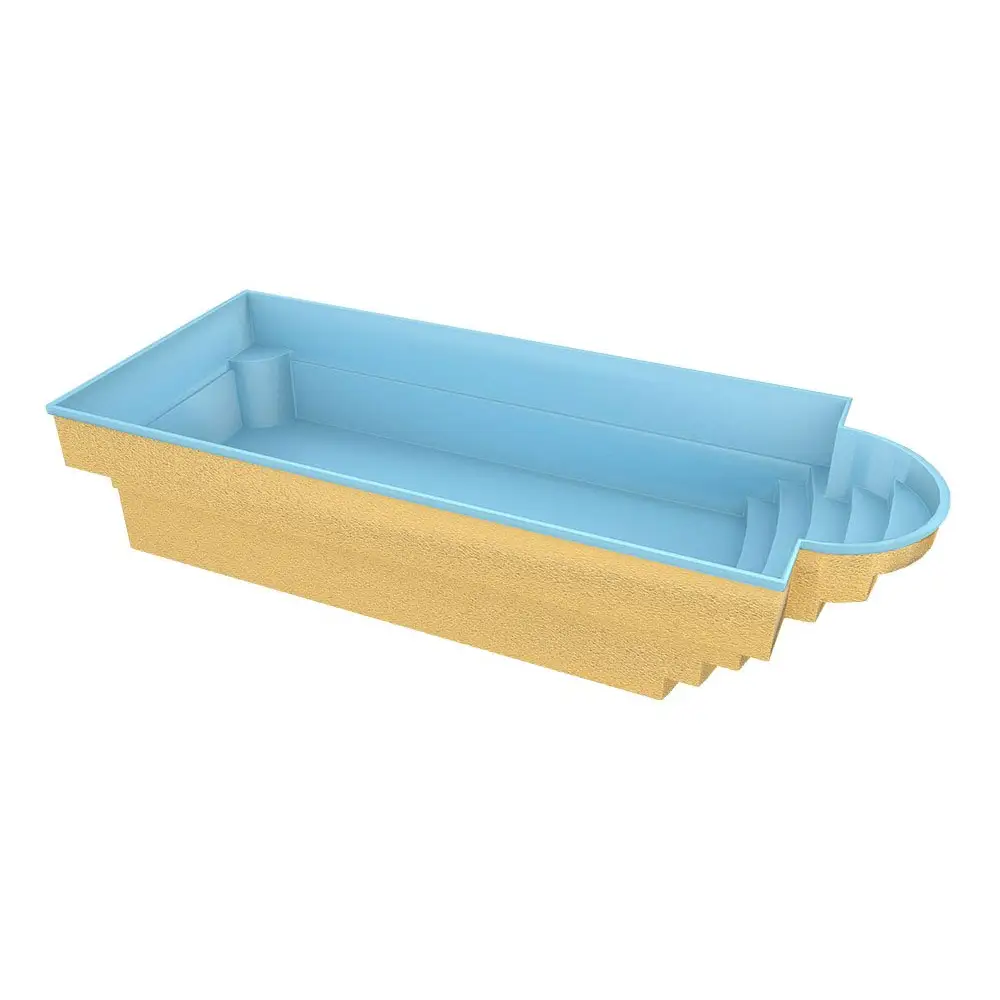 Glasfiberpool Aves 800 med romersk trappa, ljusblå pool och pooltak