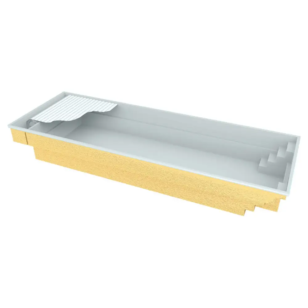 Rektangulär inground Glasfiberpool Bahama 11 med grå interiör, gul exteriör, inbyggda steg och delvis draperat pooltak