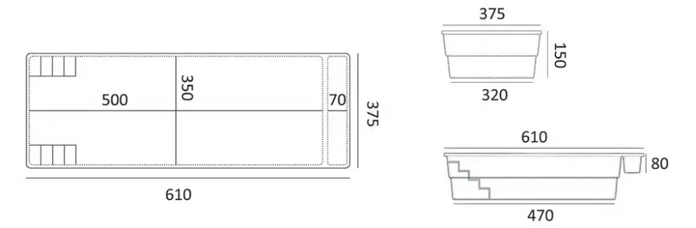 Rektangulär planter 610x375x70 mm med stegad design för glasfiberpool Bahama