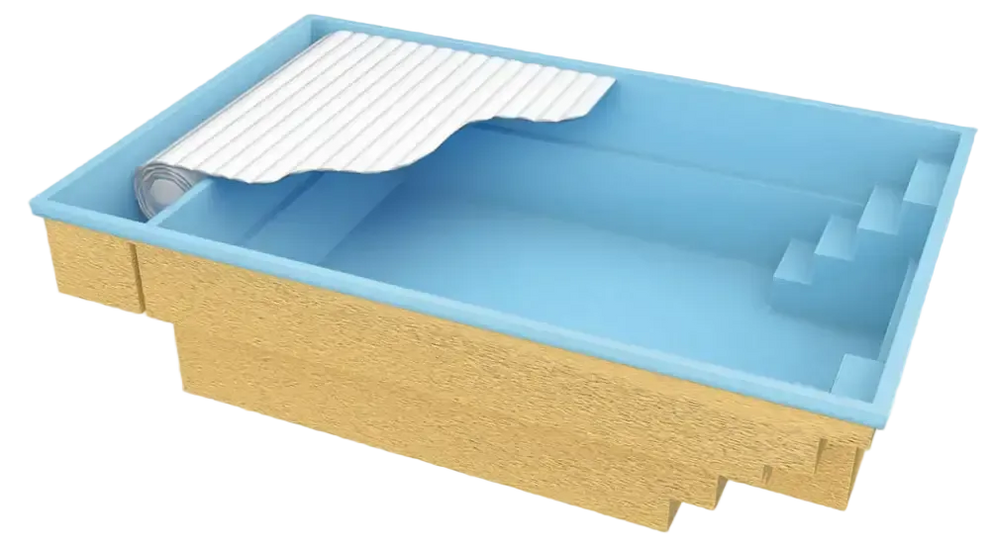 Blå glasfiberpool Bahama med förstärkt polyester, pool med delvis uppkavlad vit korrugerad täckning
