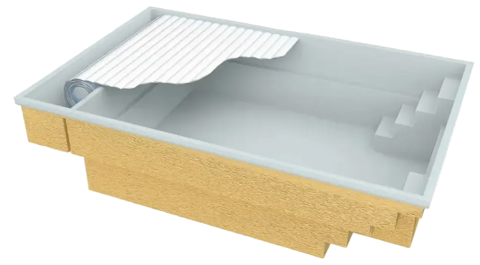 Glasfiberpool Bahama med förstärkt polyester, beige betongbotten och rullbart metalltak