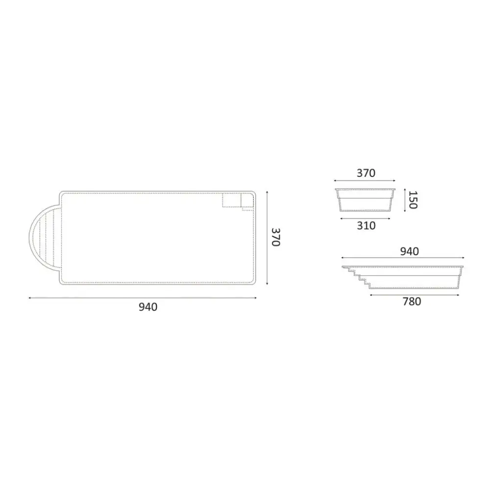 Rektangulär planter med böjd handtag i ljust material för Glasfiberpool Barbados, med måttmarkeringar