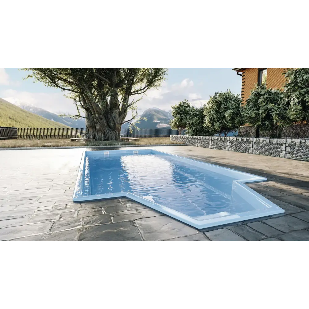 Glasfiberpool Grenada 600 med intressant form, pool och pooltak