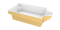 Glasfiberpool Grenada med intressant form, bekväma sittplatser och gula-vita steg