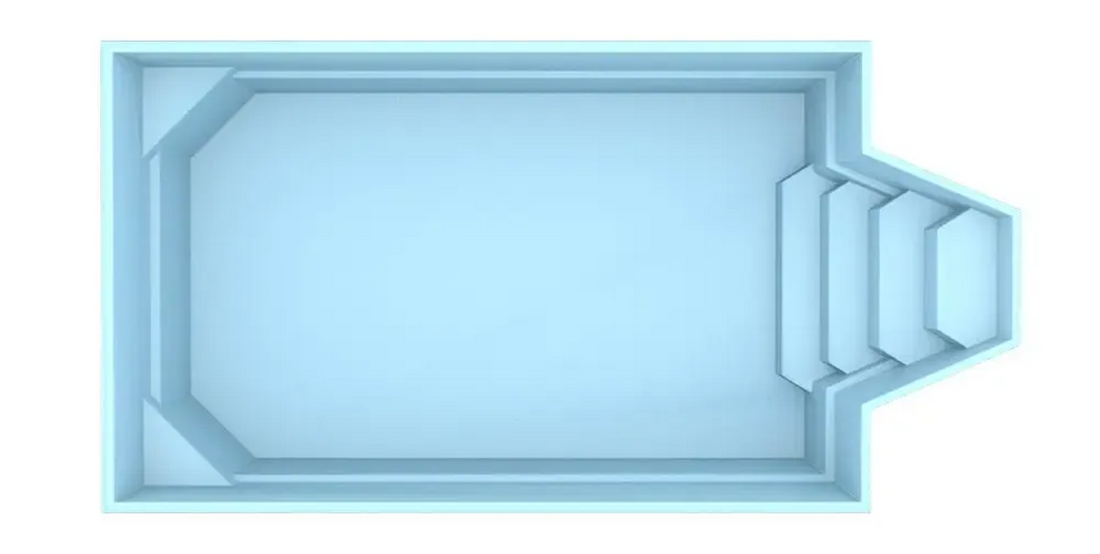 Ljusblå rektangulär medelstor glasfiberpool Grenada med vit ram och trappad entré