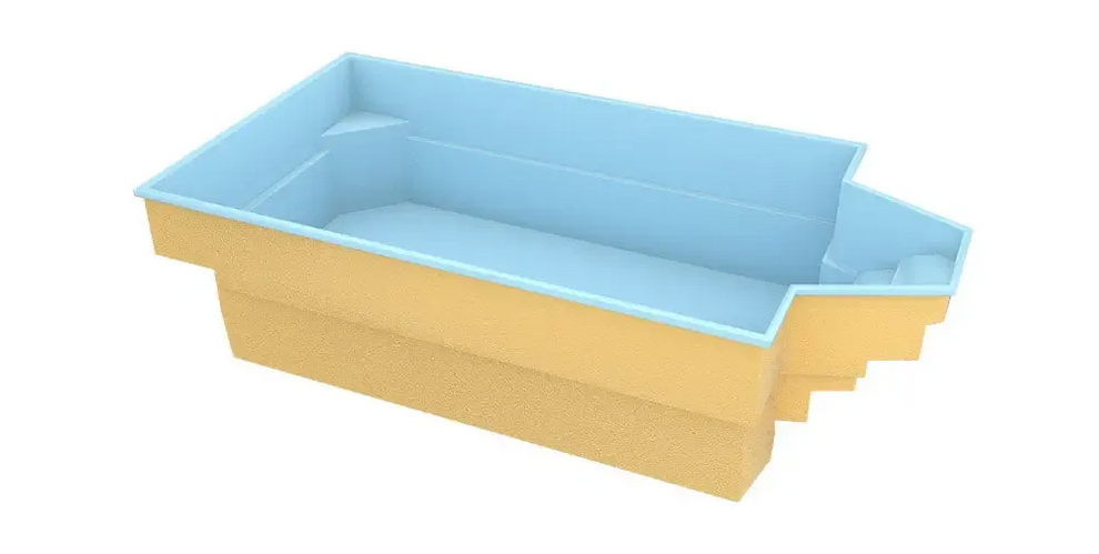 Ljusblå och gul glasfiberpool Grenada med vit ram och stegkant