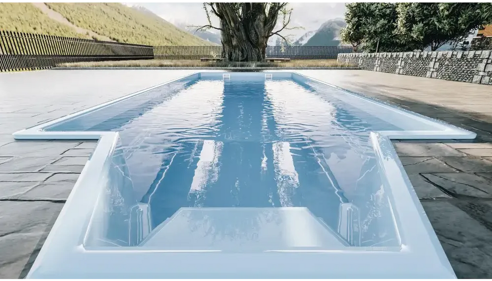 Modern medelstor glasfiberpool Grenada med vit ram och ljusblått vatten
