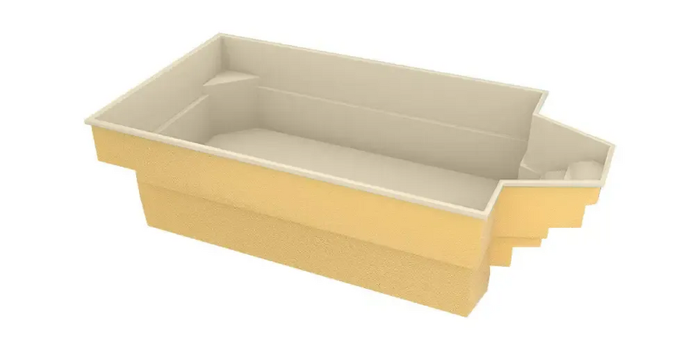 Gul rektangulär medelstor glasfiberpool Grenada med beige interiör och trappdesign