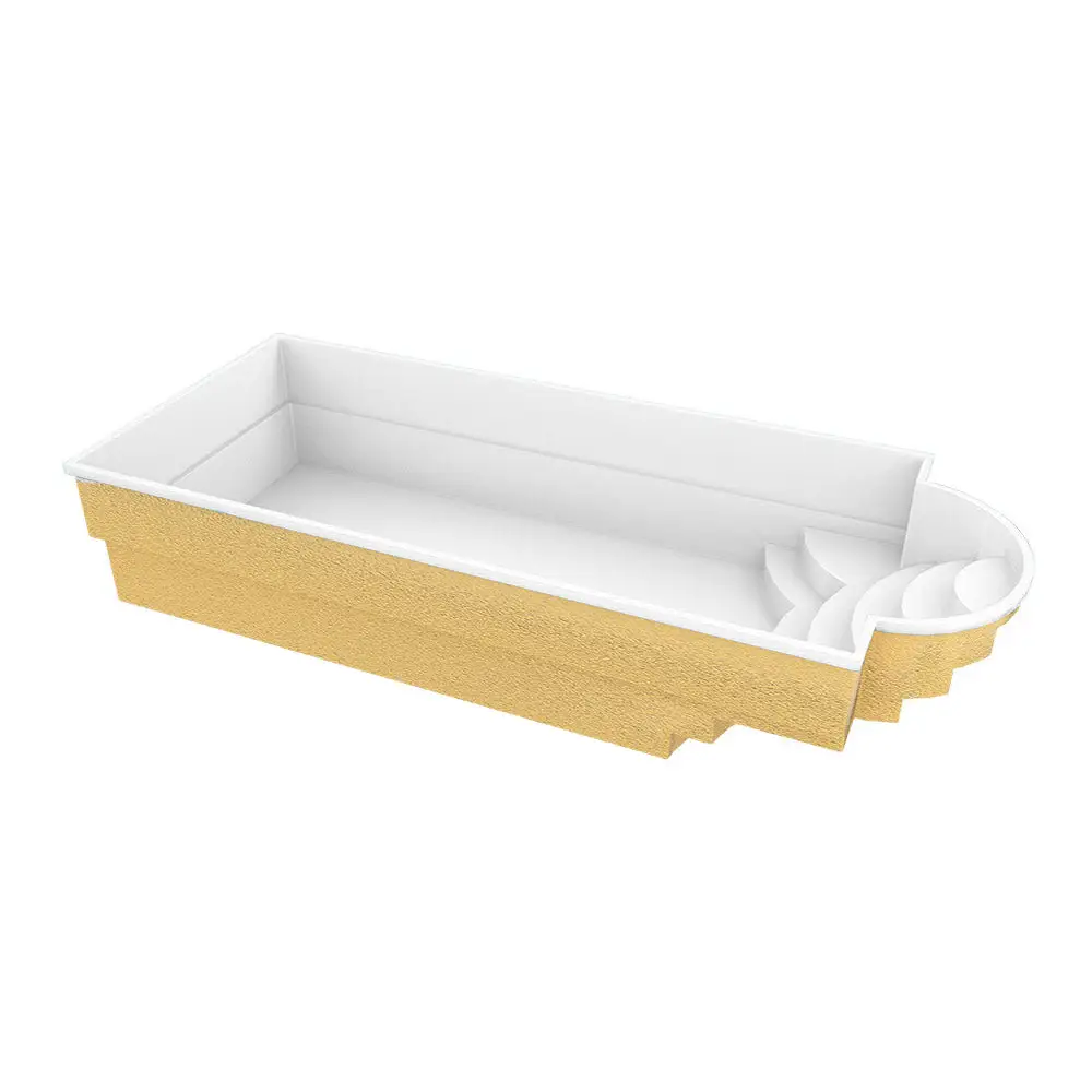 Gul Haiti trädgårdspool 8x3,2m med avrundad trappa och vit interiör