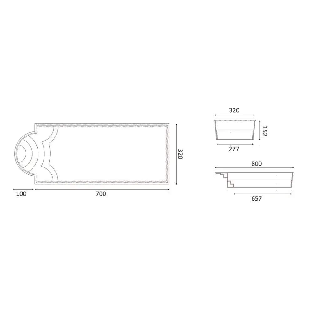 Ornerade rektangulära lister för Glasfiberpool Haiti 8m x 3,2m med avrundad trappa