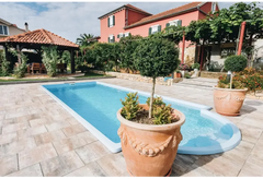 Glasfiberpool Haiti med avrundad trappa och terrakottakruka med träd