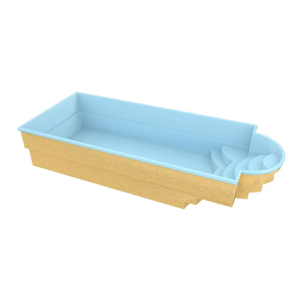 Glasfiberpool Haiti 8x3,2m med avrundad trappa i ljusblått och guld