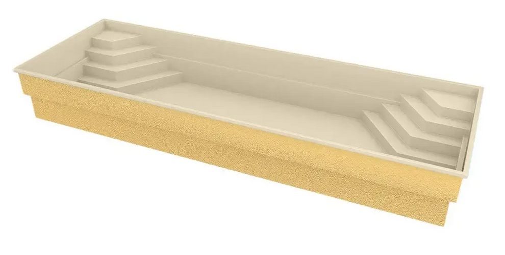 Beige glasfiberpool Jamaika 25x3 75x1 50m med gula bas och steg