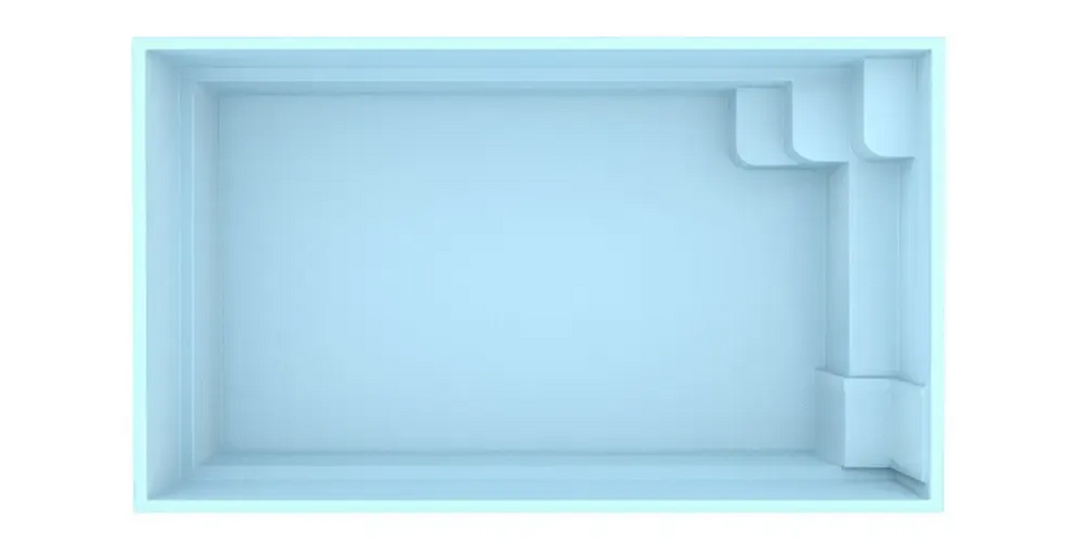 Ljusblå rektangulär glasfiberpool Mini Victoria med formarade trappor och kantsten