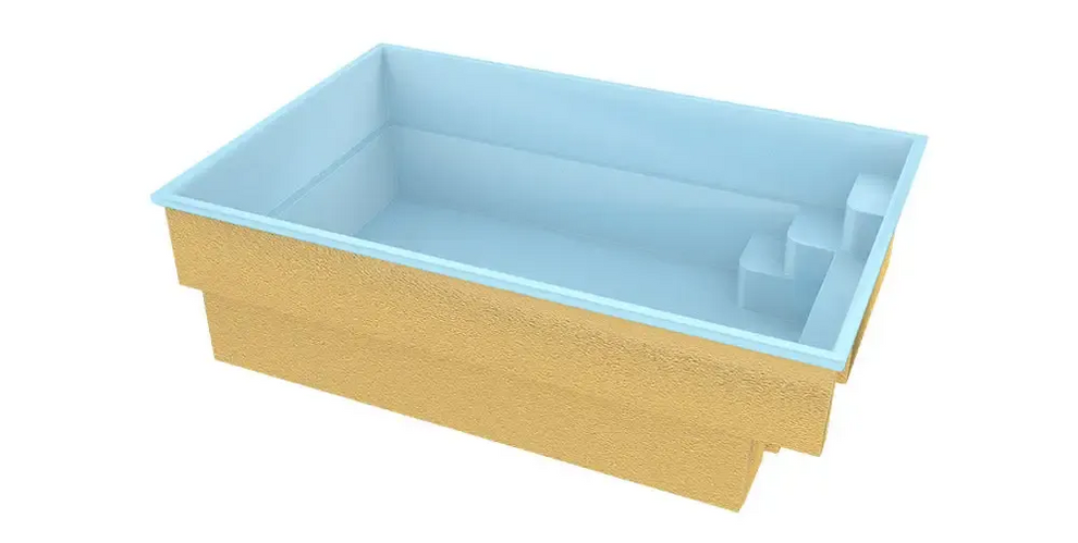 Glasfiberpool Mini Victoria med rektangulär form, ljusblå interiör och gyllene textur