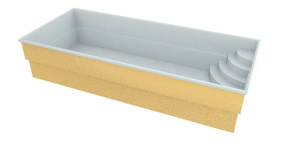 Glasfiberpool Papeete med rektangulär form, gul textur och blåvatten