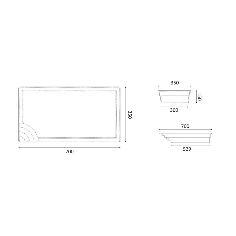 Glasfiberpool Papeete 700 rektangulär bricka med rundade hörn och kurvmönster