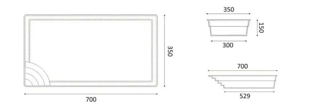 Glasfiberpool Papeete med rektangulär bricka i ljus material och kurvig dekoration