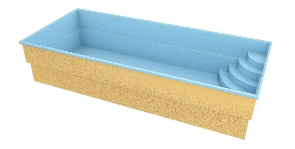 Glasfiberpool Papeete med ljusblå och beige rektangulär pool och inbyggda steg