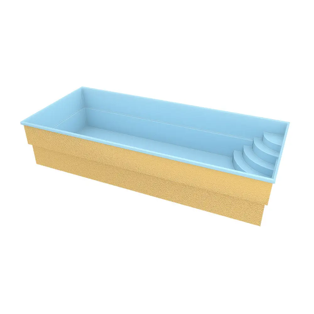 Glasfiberpool Papeete 700 med ljusblå interiör och trappor, 7x3.5x1.5m