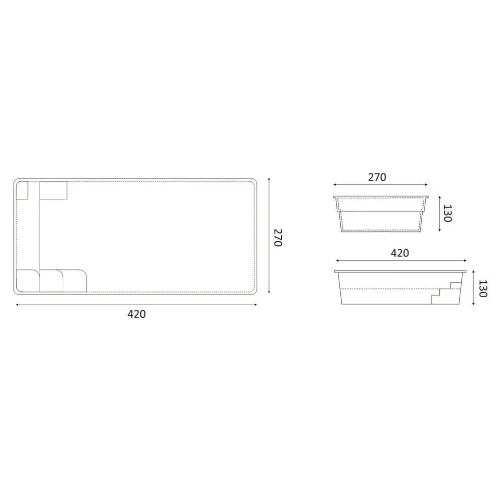 Glasfiberpool Saba rektangulär plastbad 420x270x130mm med förvaring