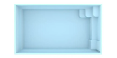 Ljusblå rektangulär glasfiberpool Saba med turkost vatten och formade steg