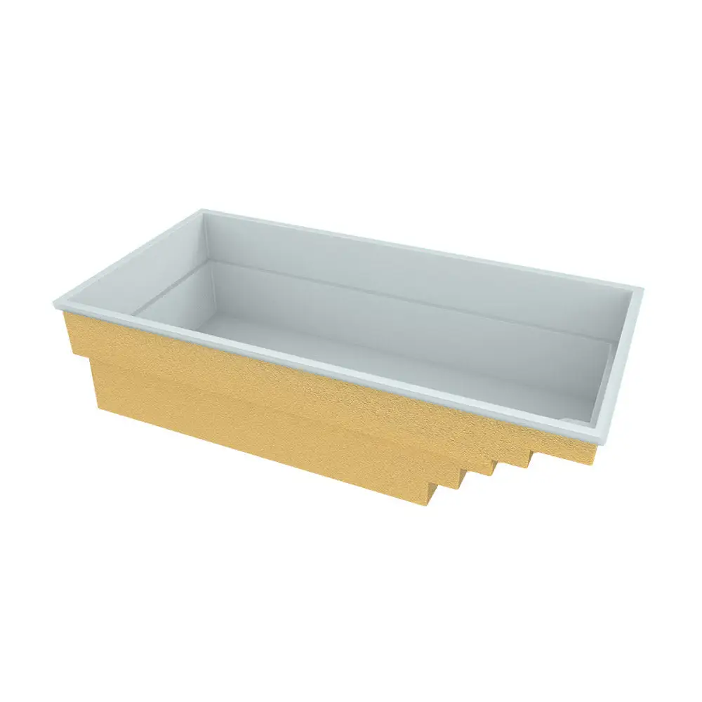 Glasfiberpool Saba 600 med rektangulär badkar i vit interiör och texturerad guld exteriör