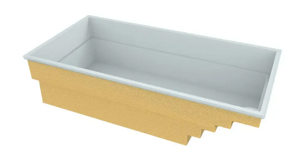 Glasfiberpool Saba med rektangulärt badkar, vit interiör och guld exteriör