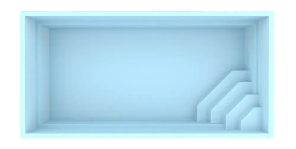 Glasfiberpool Saba med minimalistisk blå display och trappor