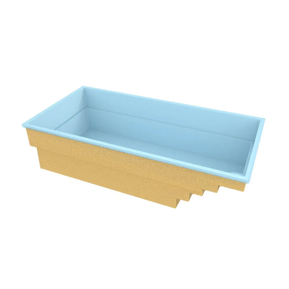 Glasfiberpool Saba med bekväm trappa i ljusblå förvaringslåda