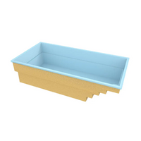 Glasfiberpool Saba med bekväm trappa i ljusblå förvaringslåda