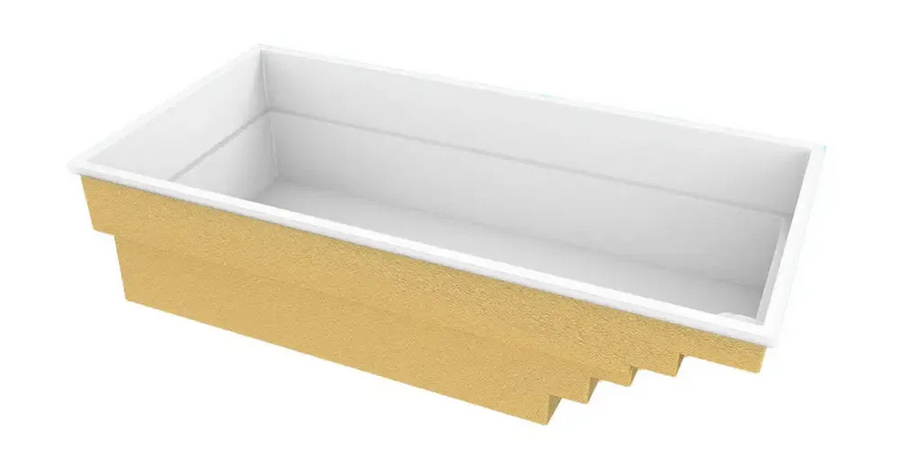 Glasfiberpool Saba med guldvit rektangulär planter och klart blått vatten