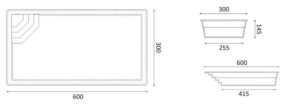 Glasfiberpool Saba med rektangulär planter och klart blått vatten