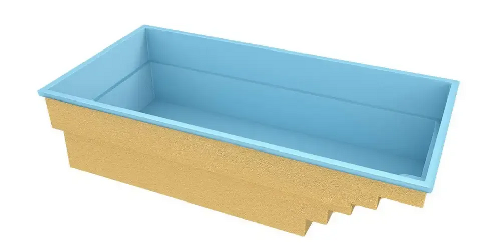 Glasfiberpool Saba med klart blått vatten och vita kaklade kanter