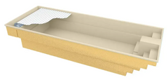 Glasfiberpool Trinidad med inbyggt poolöverdrag och beige betongpool
