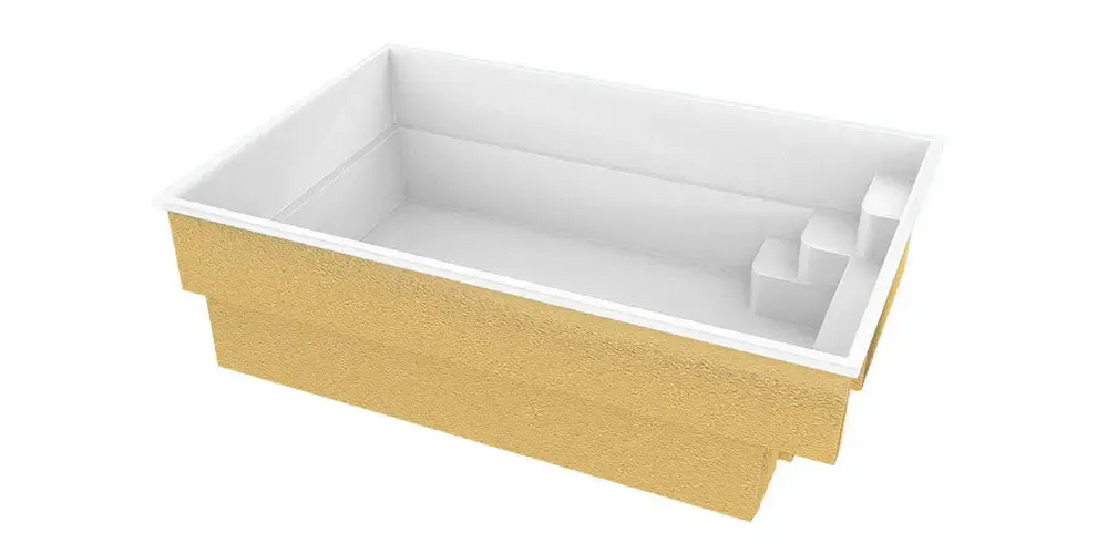 Gul glasfiberpool Victoria med bekväm sittplats och turkost vatten