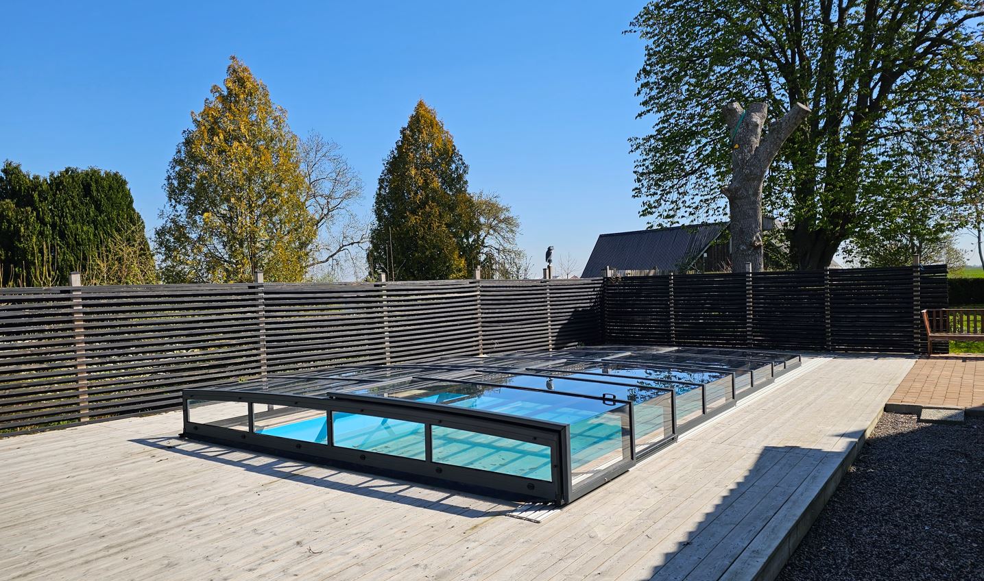 Pooltak ICON KIT S2 4×8 (klarglas, sidodörr, enkelskena, antracit)