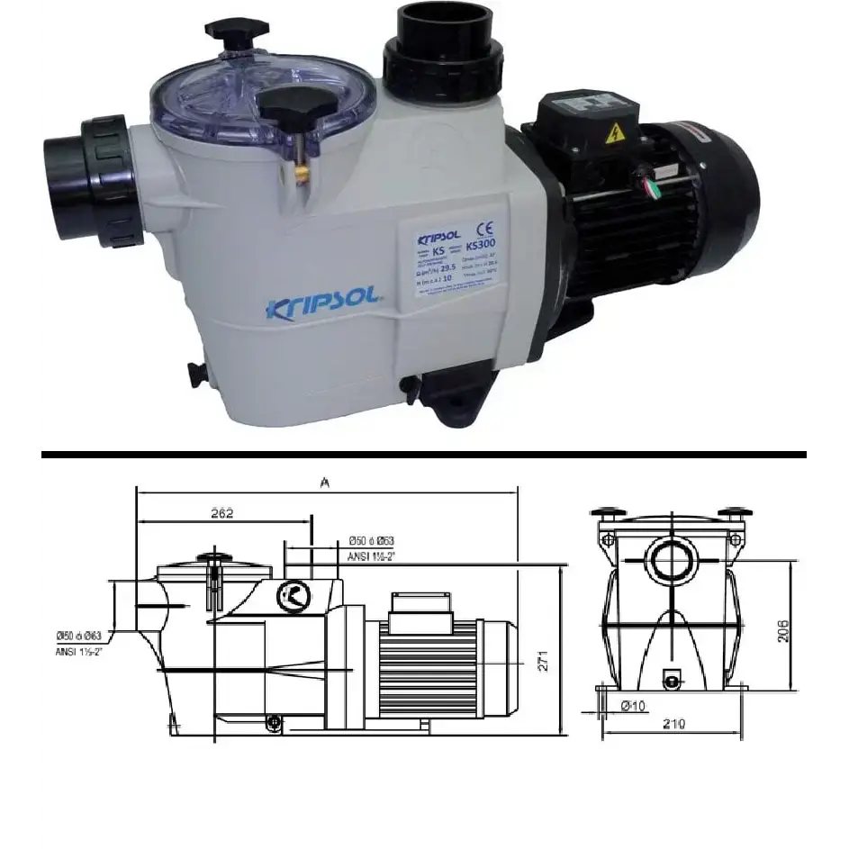 Kripsol KSE100 poolpump med genomskinligt lock och specifikationer