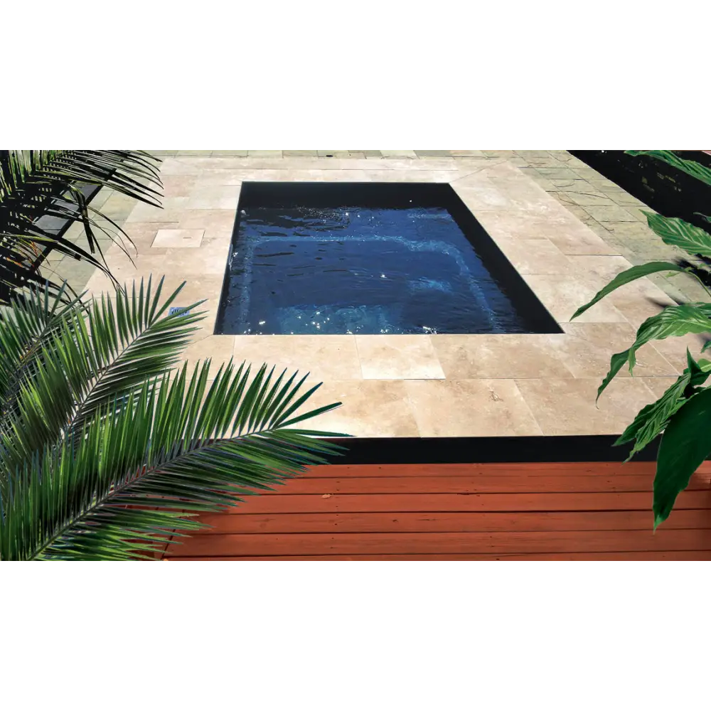 Leisurepools Fiji Plunge 2,9×2,1m med djupblått vatten och palmfronds