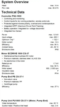 Lorentz solcellspumppaket PS2-1800 med efficiency max specifikationer