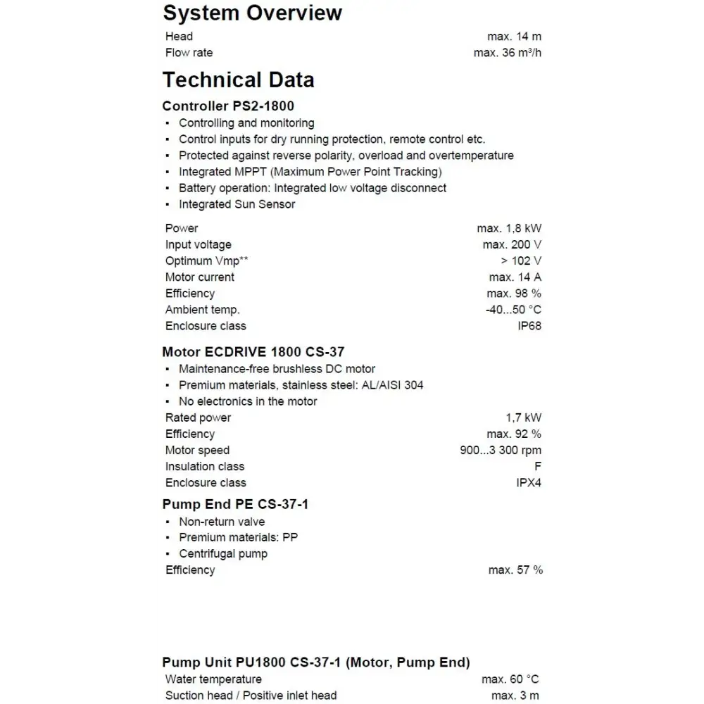Tekniska specifikationer för PS2-1800 och CS-37-1 i Lorentz Solcellspumppaket