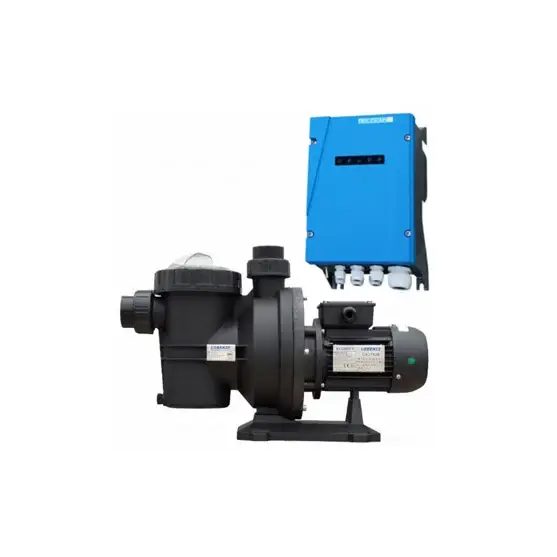 Svart Lorentz PS2-600 poolpump med blå panel och CS-17-1, Efficiency Max