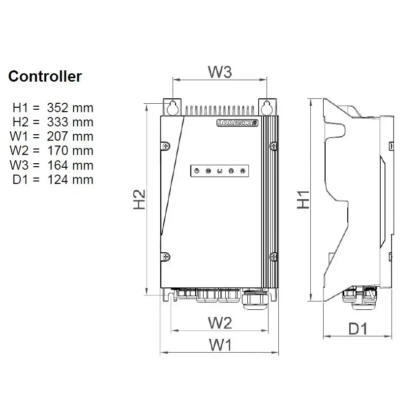 Lorentz PS2-600 CS-17-1 controller med grå metallkåpa och ventilationsfenor