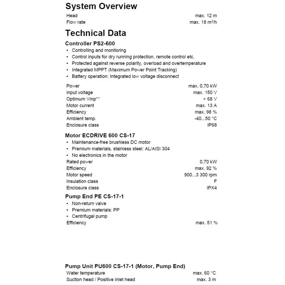 Lorentz PS2-600 CS-17-1 solcellspumppaket med specifikationer för hög effektivitet