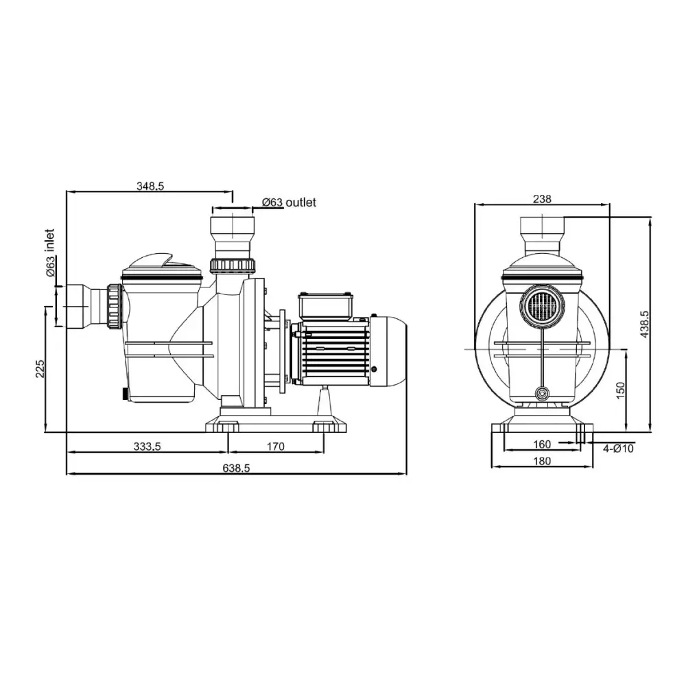 Teknisk ritning av Lorentz PS2-600 CS-17-1 poolpump med mått och portar