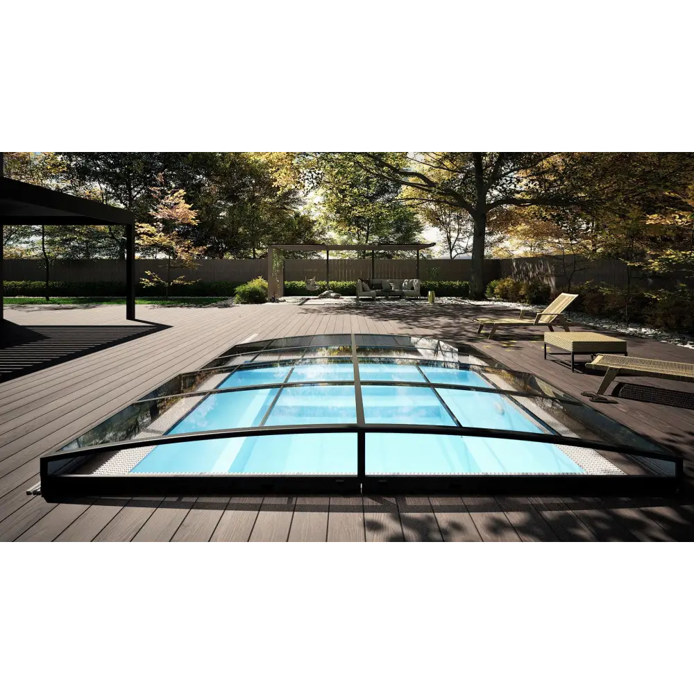 Minipool Wellness pool 2.25×2.5 m med klar glasöverdrag och svart metallram