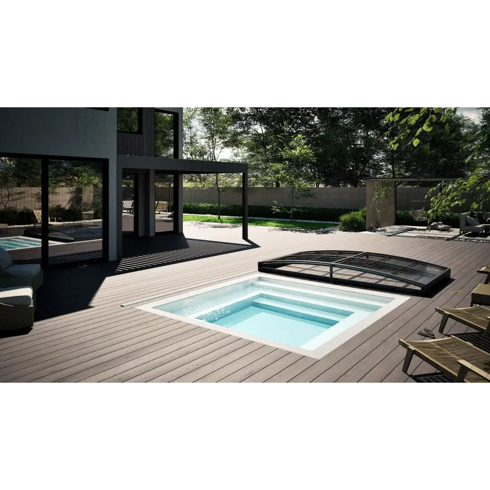 Rektangulär inground Minipool Wellness pool 3×3 m med klarblått vatten och svart valvlock på trädeck